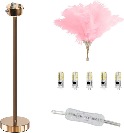 Ostrich Feather Table Lamp with Plug in Wire, Modern Feather Lamp 5-Light Bedside Table Lamp, Golden Lamp Body for Bedroom Nightstand Lamp Desk Night Light (Pink)