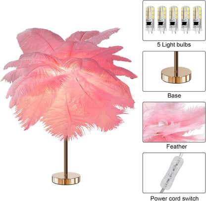 Ostrich Feather Table Lamp with Plug in Wire, Modern Feather Lamp 5-Light Bedside Table Lamp, Golden Lamp Body for Bedroom Nightstand Lamp Desk Night Light (Pink)