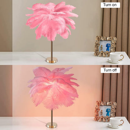 Ostrich Feather Table Lamp with Plug in Wire, Modern Feather Lamp 5-Light Bedside Table Lamp, Golden Lamp Body for Bedroom Nightstand Lamp Desk Night Light (Pink)