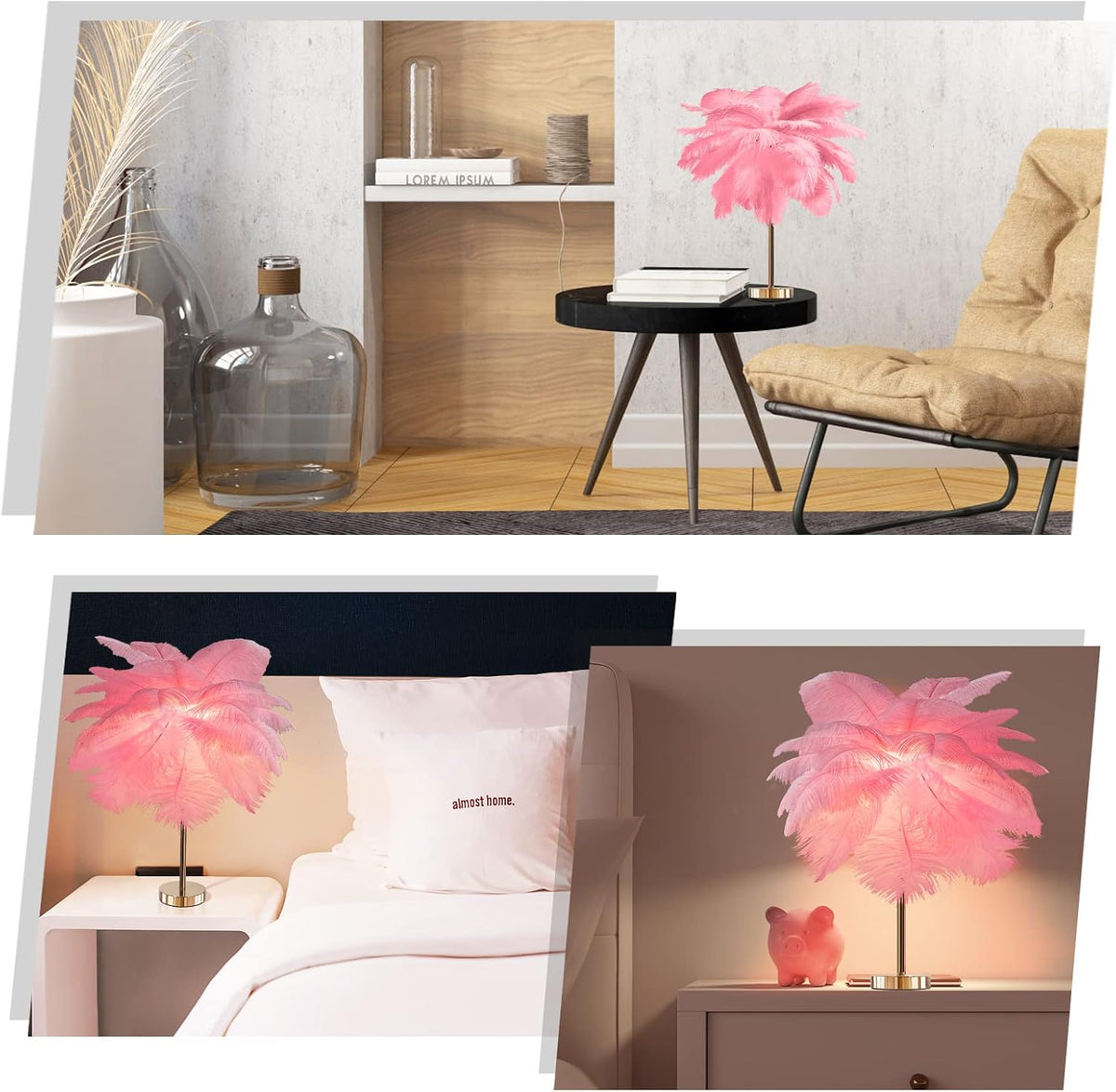 Ostrich Feather Table Lamp with Plug in Wire, Modern Feather Lamp 5-Light Bedside Table Lamp, Golden Lamp Body for Bedroom Nightstand Lamp Desk Night Light (Pink)