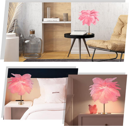 Ostrich Feather Table Lamp with Plug in Wire, Modern Feather Lamp 5-Light Bedside Table Lamp, Golden Lamp Body for Bedroom Nightstand Lamp Desk Night Light (Pink)
