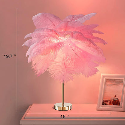 Ostrich Feather Table Lamp with Plug in Wire, Modern Feather Lamp 5-Light Bedside Table Lamp, Golden Lamp Body for Bedroom Nightstand Lamp Desk Night Light (Pink)