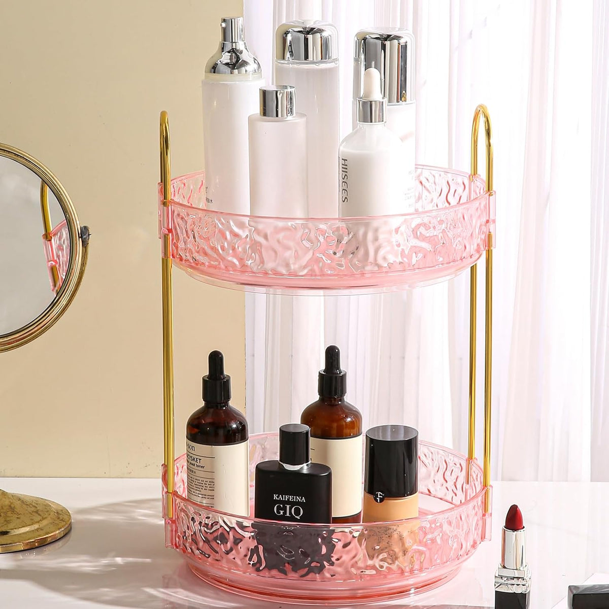 2 Tiers Pink Rotating Makeup Organizer for Vanity, 360 Spinning Skincare Organizers for Dresser Perfume Organizer Large Skincare Make up Storage Cosmetic Organizer for Bathroom Countertop