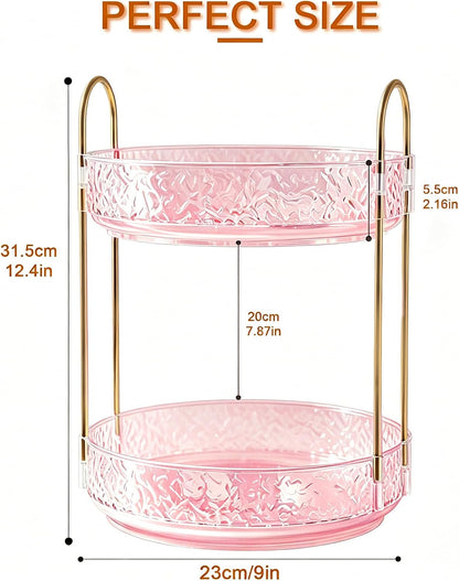 2 Tiers Pink Rotating Makeup Organizer for Vanity, 360 Spinning Skincare Organizers for Dresser Perfume Organizer Large Skincare Make up Storage Cosmetic Organizer for Bathroom Countertop