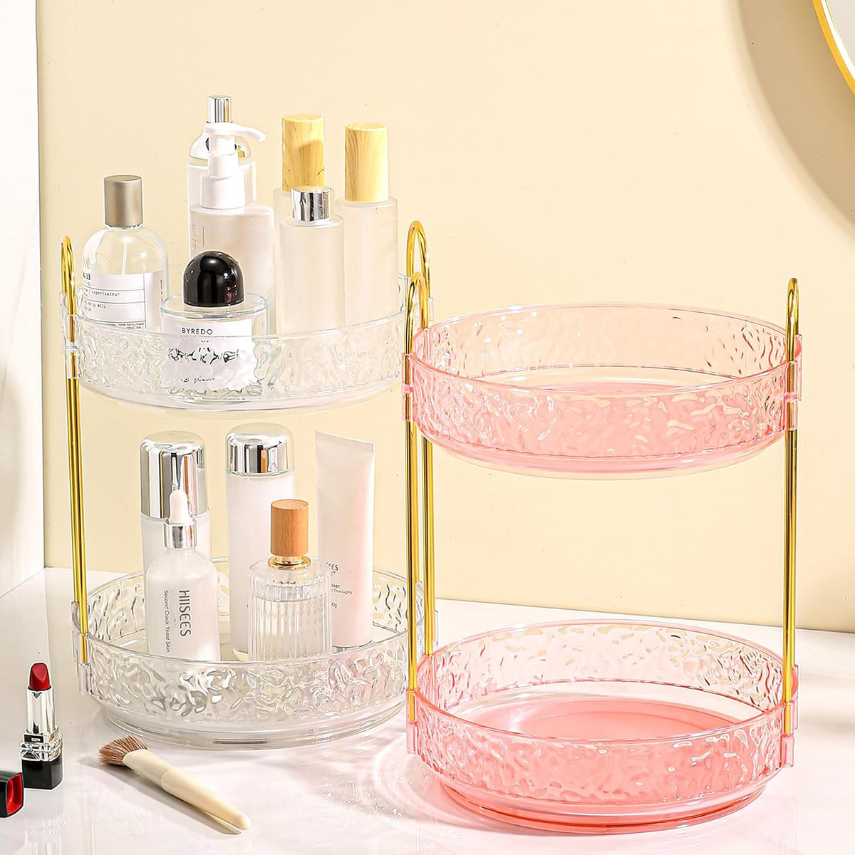 2 Tiers Pink Rotating Makeup Organizer for Vanity, 360 Spinning Skincare Organizers for Dresser Perfume Organizer Large Skincare Make up Storage Cosmetic Organizer for Bathroom Countertop