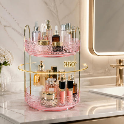 2 Tiers Pink Rotating Makeup Organizer for Vanity, 360 Spinning Skincare Organizers for Dresser Perfume Organizer Large Skincare Make up Storage Cosmetic Organizer for Bathroom Countertop