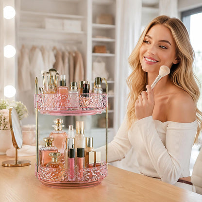 2 Tiers Pink Rotating Makeup Organizer for Vanity, 360 Spinning Skincare Organizers for Dresser Perfume Organizer Large Skincare Make up Storage Cosmetic Organizer for Bathroom Countertop