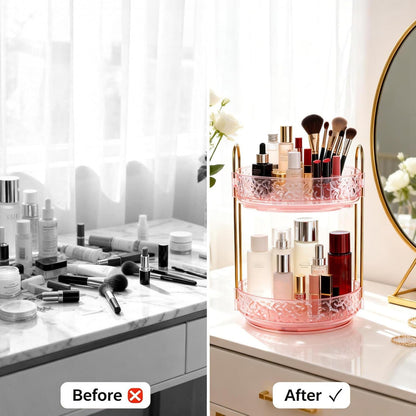 2 Tiers Pink Rotating Makeup Organizer for Vanity, 360 Spinning Skincare Organizers for Dresser Perfume Organizer Large Skincare Make up Storage Cosmetic Organizer for Bathroom Countertop