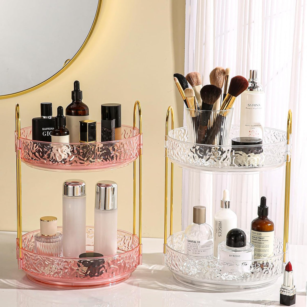 2 Tiers Pink Rotating Makeup Organizer for Vanity, 360 Spinning Skincare Organizers for Dresser Perfume Organizer Large Skincare Make up Storage Cosmetic Organizer for Bathroom Countertop