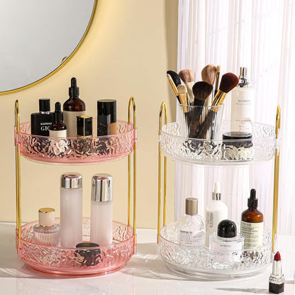 2 Tiers Pink Rotating Makeup Organizer for Vanity, 360 Spinning Skincare Organizers for Dresser Perfume Organizer Large Skincare Make up Storage Cosmetic Organizer for Bathroom Countertop