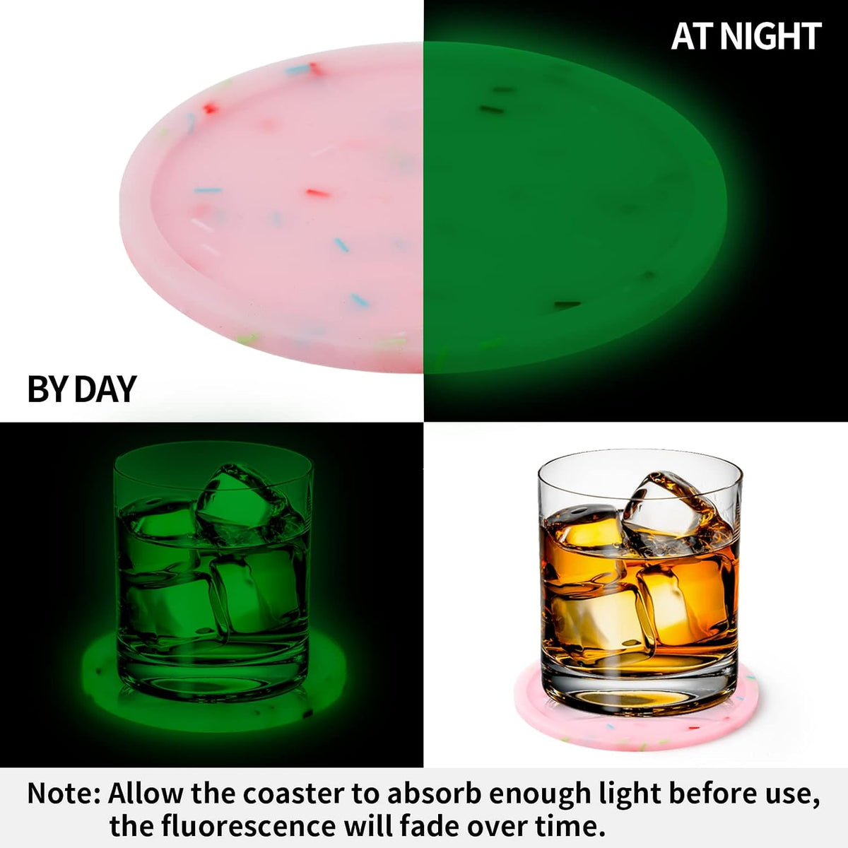Silicone Coasters with Holder, Cute Drink Coaster for Nightstand, Glow in Dark, Gift Idea,Cup Coaster for Drinks, Desk Coasters in Office，Sprinkle Coaster, Rubber Coaster Set, 6 pcs, Pink