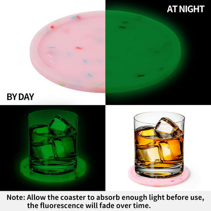 Silicone Coasters with Holder, Cute Drink Coaster for Nightstand, Glow in Dark, Gift Idea,Cup Coaster for Drinks, Desk Coasters in Office，Sprinkle Coaster, Rubber Coaster Set, 6 pcs, Pink