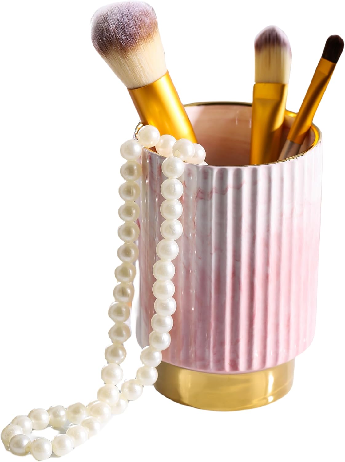Pink and Gold Makeup Brush Holder Organizer,Glass Cosmetics Brushes Cup Eyebrow Pencil Pen Container,European Style Striped Brushes Storage,Ceramics Decor for Bathroom Dresser Vanity Desktop