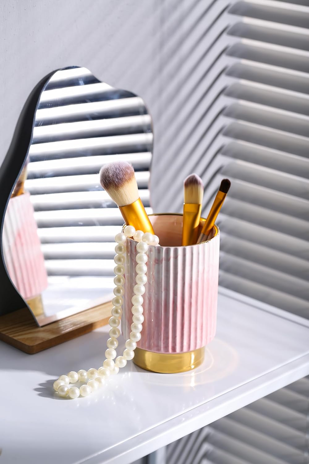 Pink and Gold Makeup Brush Holder Organizer,Glass Cosmetics Brushes Cup Eyebrow Pencil Pen Container,European Style Striped Brushes Storage,Ceramics Decor for Bathroom Dresser Vanity Desktop