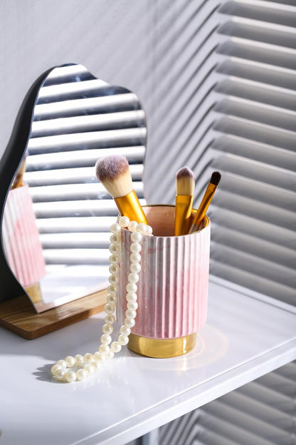 Pink and Gold Makeup Brush Holder Organizer,Glass Cosmetics Brushes Cup Eyebrow Pencil Pen Container,European Style Striped Brushes Storage,Ceramics Decor for Bathroom Dresser Vanity Desktop