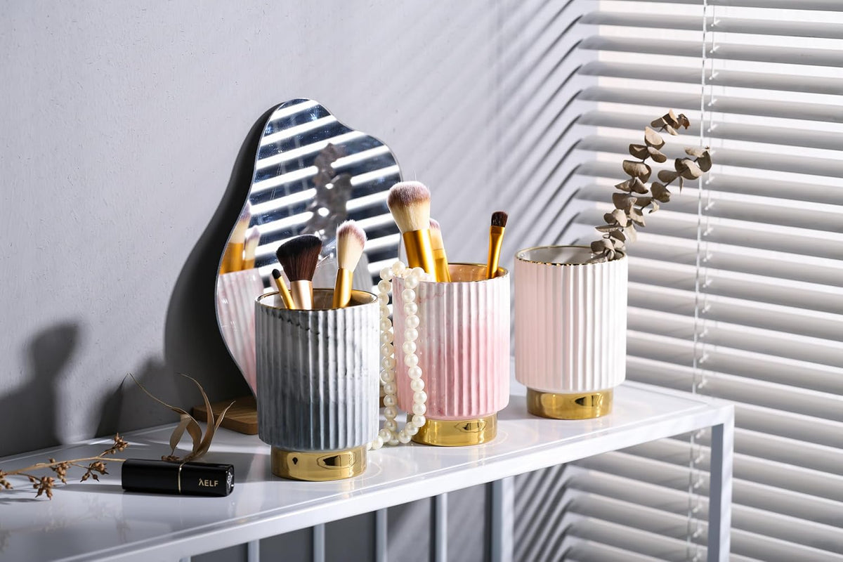 Pink and Gold Makeup Brush Holder Organizer,Glass Cosmetics Brushes Cup Eyebrow Pencil Pen Container,European Style Striped Brushes Storage,Ceramics Decor for Bathroom Dresser Vanity Desktop