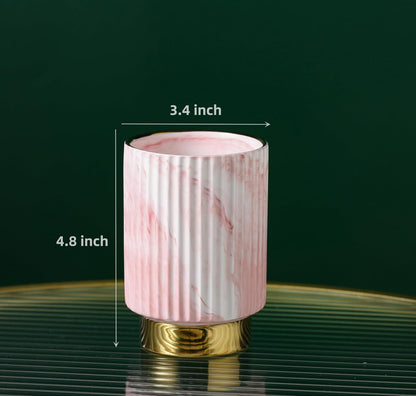 Pink and Gold Makeup Brush Holder Organizer,Glass Cosmetics Brushes Cup Eyebrow Pencil Pen Container,European Style Striped Brushes Storage,Ceramics Decor for Bathroom Dresser Vanity Desktop