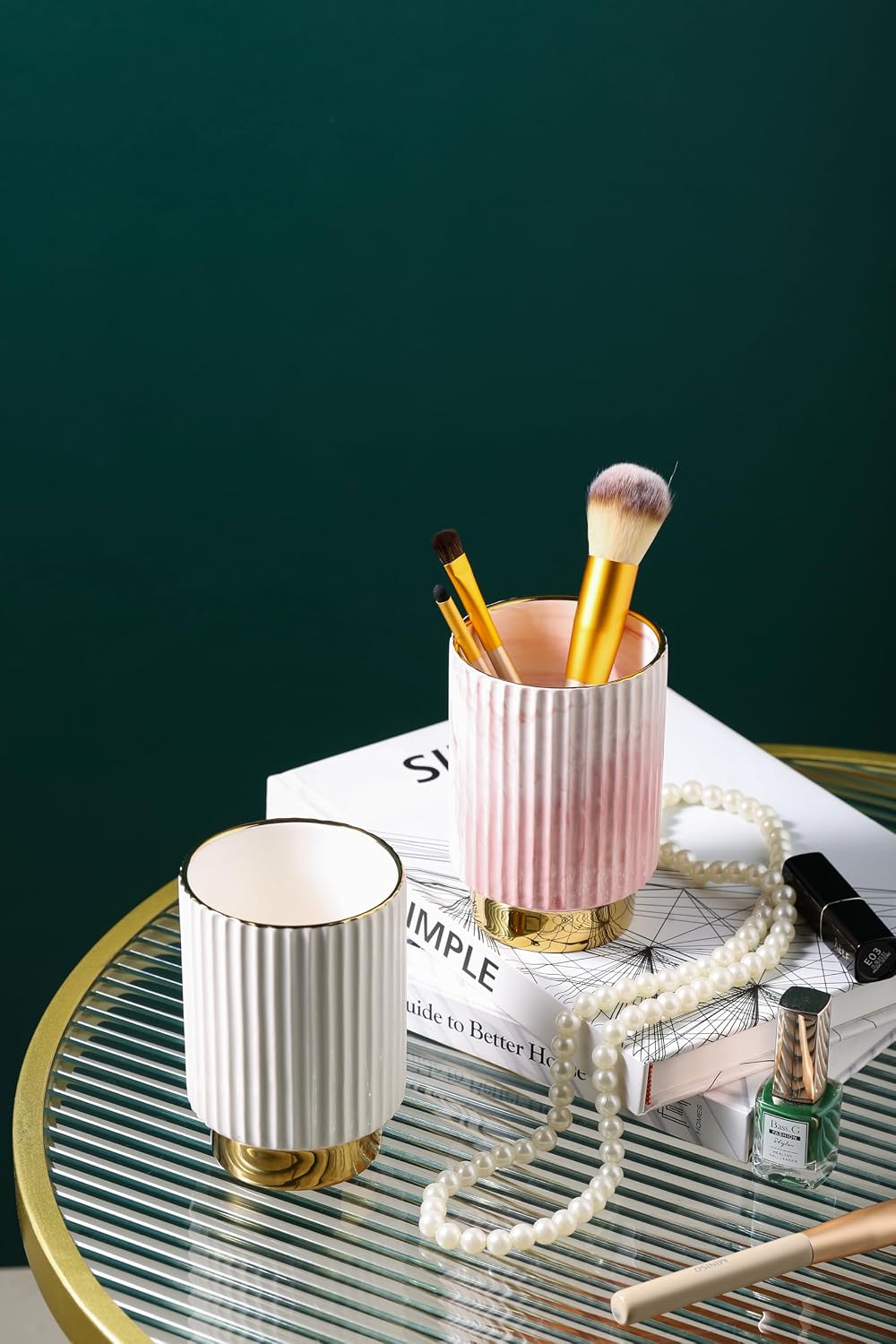 Pink and Gold Makeup Brush Holder Organizer,Glass Cosmetics Brushes Cup Eyebrow Pencil Pen Container,European Style Striped Brushes Storage,Ceramics Decor for Bathroom Dresser Vanity Desktop