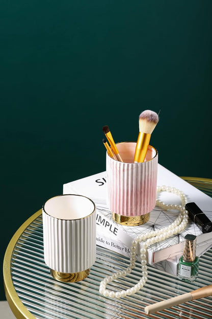 Pink and Gold Makeup Brush Holder Organizer,Glass Cosmetics Brushes Cup Eyebrow Pencil Pen Container,European Style Striped Brushes Storage,Ceramics Decor for Bathroom Dresser Vanity Desktop