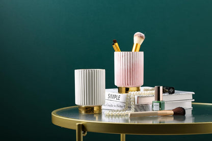 Pink and Gold Makeup Brush Holder Organizer,Glass Cosmetics Brushes Cup Eyebrow Pencil Pen Container,European Style Striped Brushes Storage,Ceramics Decor for Bathroom Dresser Vanity Desktop