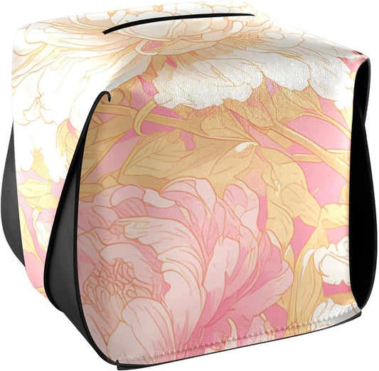 Leather tissue box holder Hanging napkin holder for car with Adjustable straps & zipper Reusable auto tissue dispenser Chinese Style Floral Peony Peach Gold
