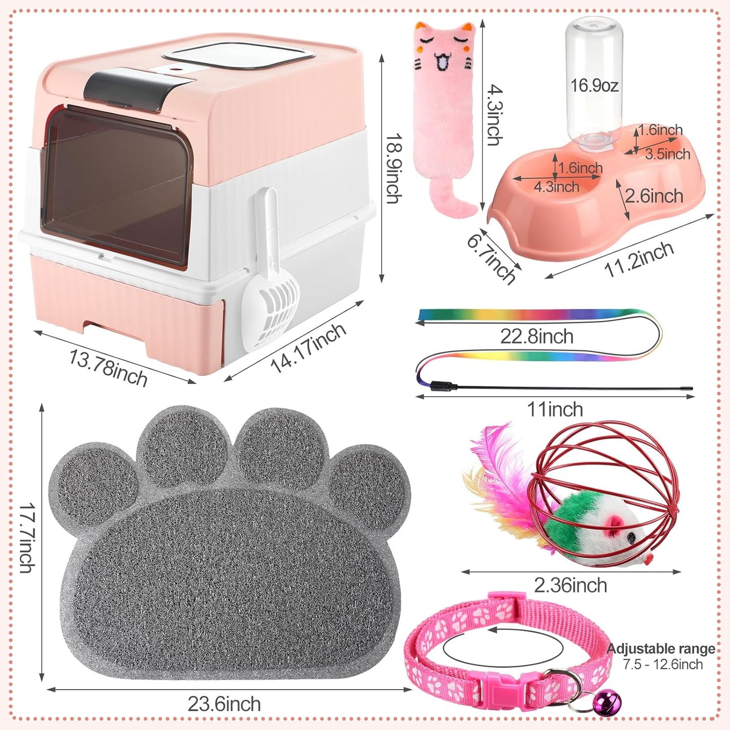 Tioncy 7 Pcs Small Cat Kitten Starter Kit Cat Litter Box with Shovel Paw Litter Mat Double Automatic Bowls Toy Teaser Stick Kitten Collar Essentials Kits for 1-3 Lbs Beginner(Pink)