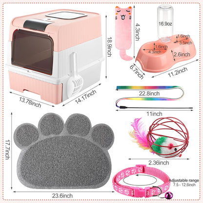 Tioncy 7 Pcs Small Cat Kitten Starter Kit Cat Litter Box with Shovel Paw Litter Mat Double Automatic Bowls Toy Teaser Stick Kitten Collar Essentials Kits for 1-3 Lbs Beginner(Pink)