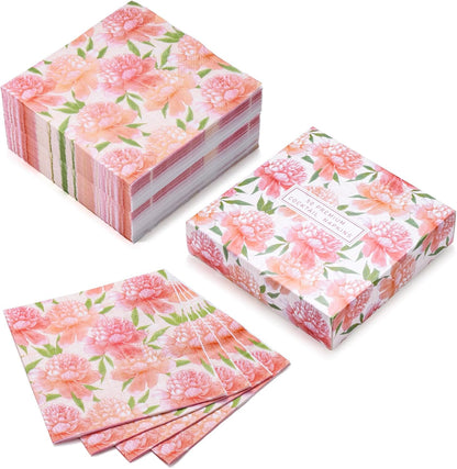 WRAPAHOLIC 50Pcs Watercolor Pink Floral Napkins - 3 Ply Disposable Paper Luncheon Napkin for Wedding Birthday Bridal Tableware Party Supplies - 6.5 x 6.5 In