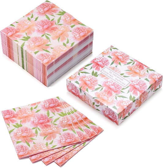 WRAPAHOLIC 50Pcs Watercolor Pink Floral Napkins - 3 Ply Disposable Paper Luncheon Napkin for Wedding Birthday Bridal Tableware Party Supplies - 6.5 x 6.5 In