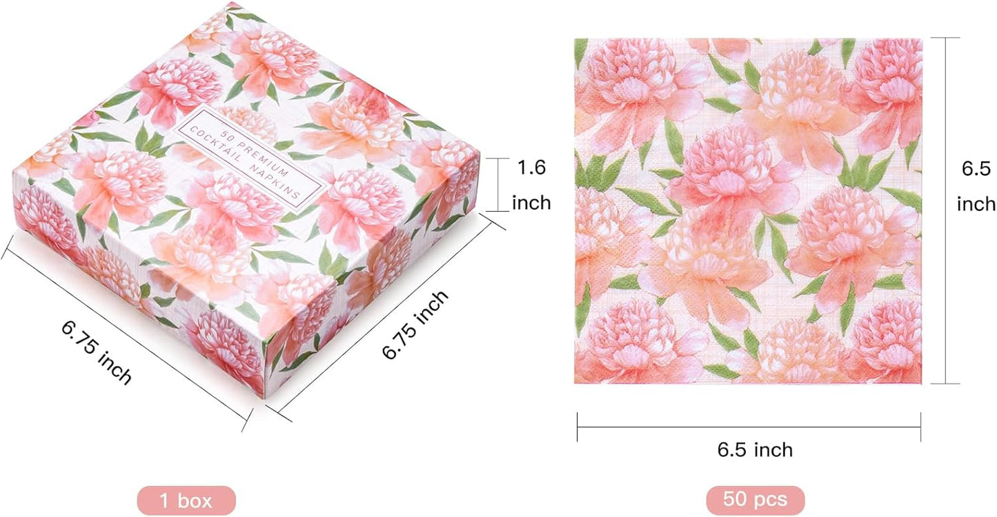 WRAPAHOLIC 50Pcs Watercolor Pink Floral Napkins - 3 Ply Disposable Paper Luncheon Napkin for Wedding Birthday Bridal Tableware Party Supplies - 6.5 x 6.5 In
