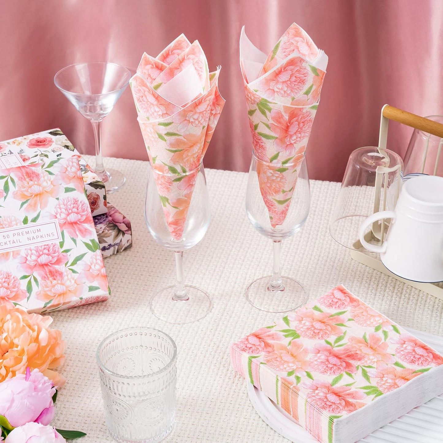 WRAPAHOLIC 50Pcs Watercolor Pink Floral Napkins - 3 Ply Disposable Paper Luncheon Napkin for Wedding Birthday Bridal Tableware Party Supplies - 6.5 x 6.5 In