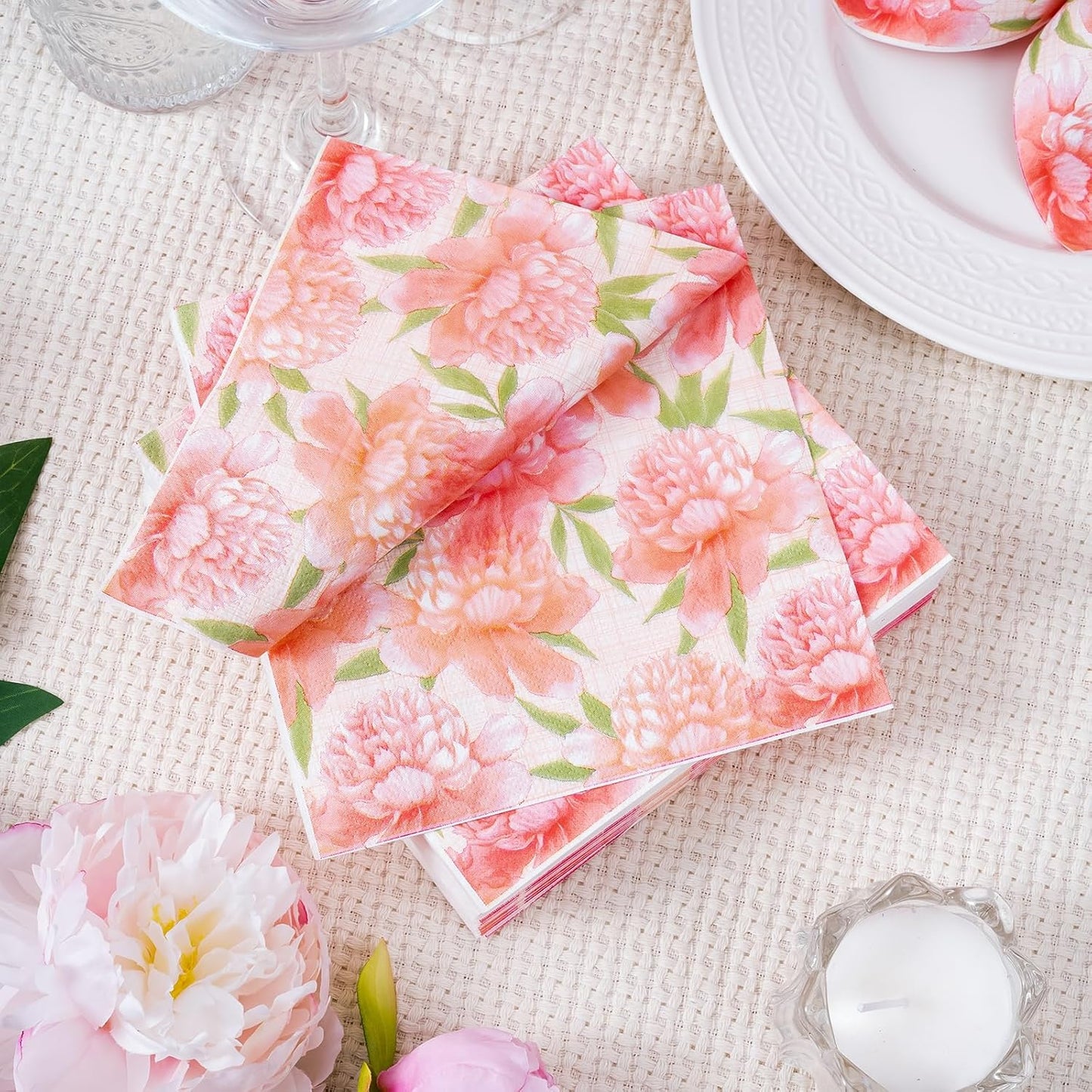 WRAPAHOLIC 50Pcs Watercolor Pink Floral Napkins - 3 Ply Disposable Paper Luncheon Napkin for Wedding Birthday Bridal Tableware Party Supplies - 6.5 x 6.5 In