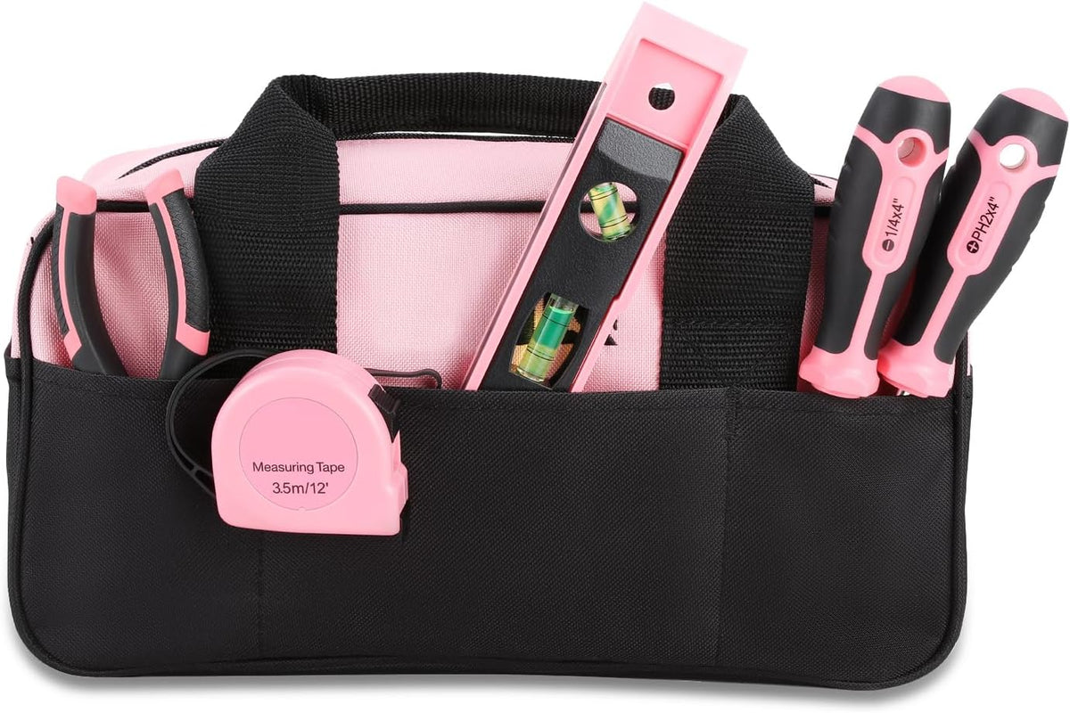 7 Pieces Tool bag Household DIY Hand Tool Kit with Screwdriver, Pliers, Measuring Tape, Level, Scissors and Wide-Open Mouth Canvas Storage Bag, Pink