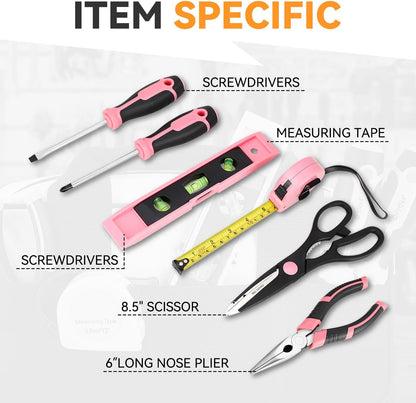 7 Pieces Tool bag Household DIY Hand Tool Kit with Screwdriver, Pliers, Measuring Tape, Level, Scissors and Wide-Open Mouth Canvas Storage Bag, Pink