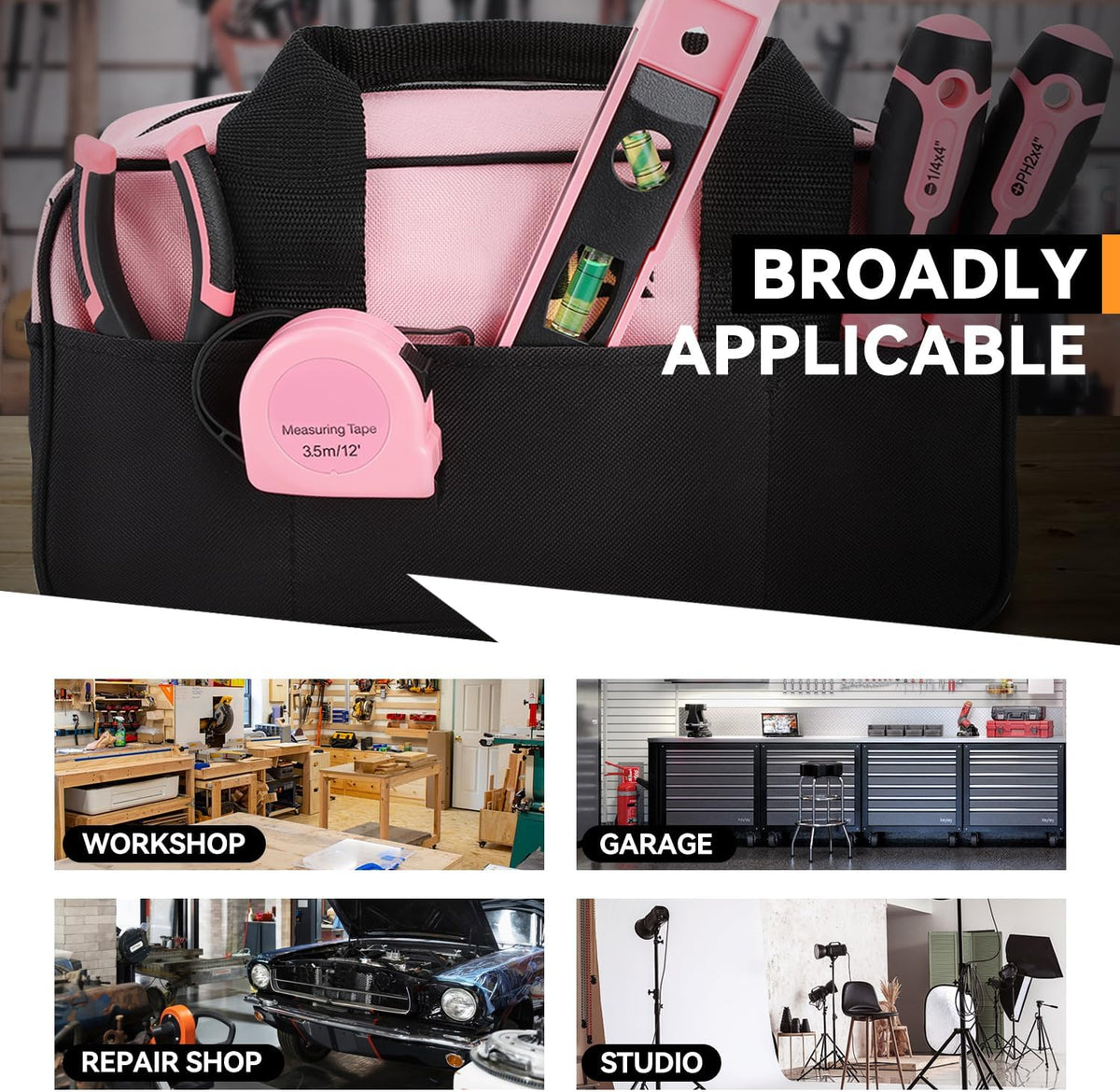 7 Pieces Tool bag Household DIY Hand Tool Kit with Screwdriver, Pliers, Measuring Tape, Level, Scissors and Wide-Open Mouth Canvas Storage Bag, Pink