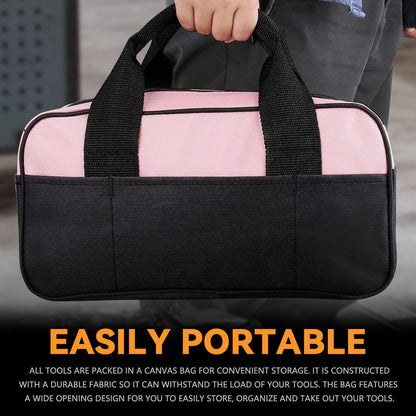 7 Pieces Tool bag Household DIY Hand Tool Kit with Screwdriver, Pliers, Measuring Tape, Level, Scissors and Wide-Open Mouth Canvas Storage Bag, Pink