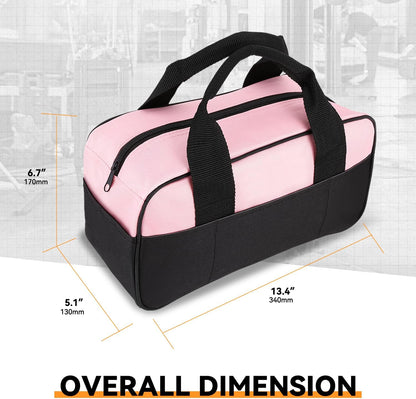 7 Pieces Tool bag Household DIY Hand Tool Kit with Screwdriver, Pliers, Measuring Tape, Level, Scissors and Wide-Open Mouth Canvas Storage Bag, Pink