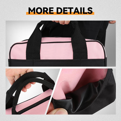 7 Pieces Tool bag Household DIY Hand Tool Kit with Screwdriver, Pliers, Measuring Tape, Level, Scissors and Wide-Open Mouth Canvas Storage Bag, Pink