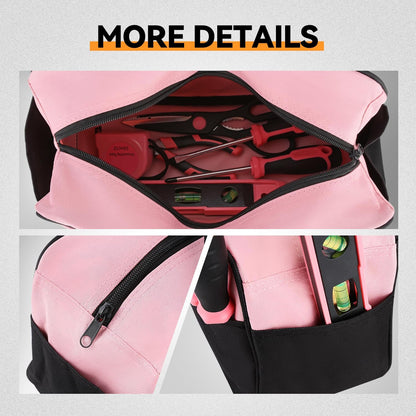 7 Pieces Tool bag Household DIY Hand Tool Kit with Screwdriver, Pliers, Measuring Tape, Level, Scissors and Wide-Open Mouth Canvas Storage Bag, Pink