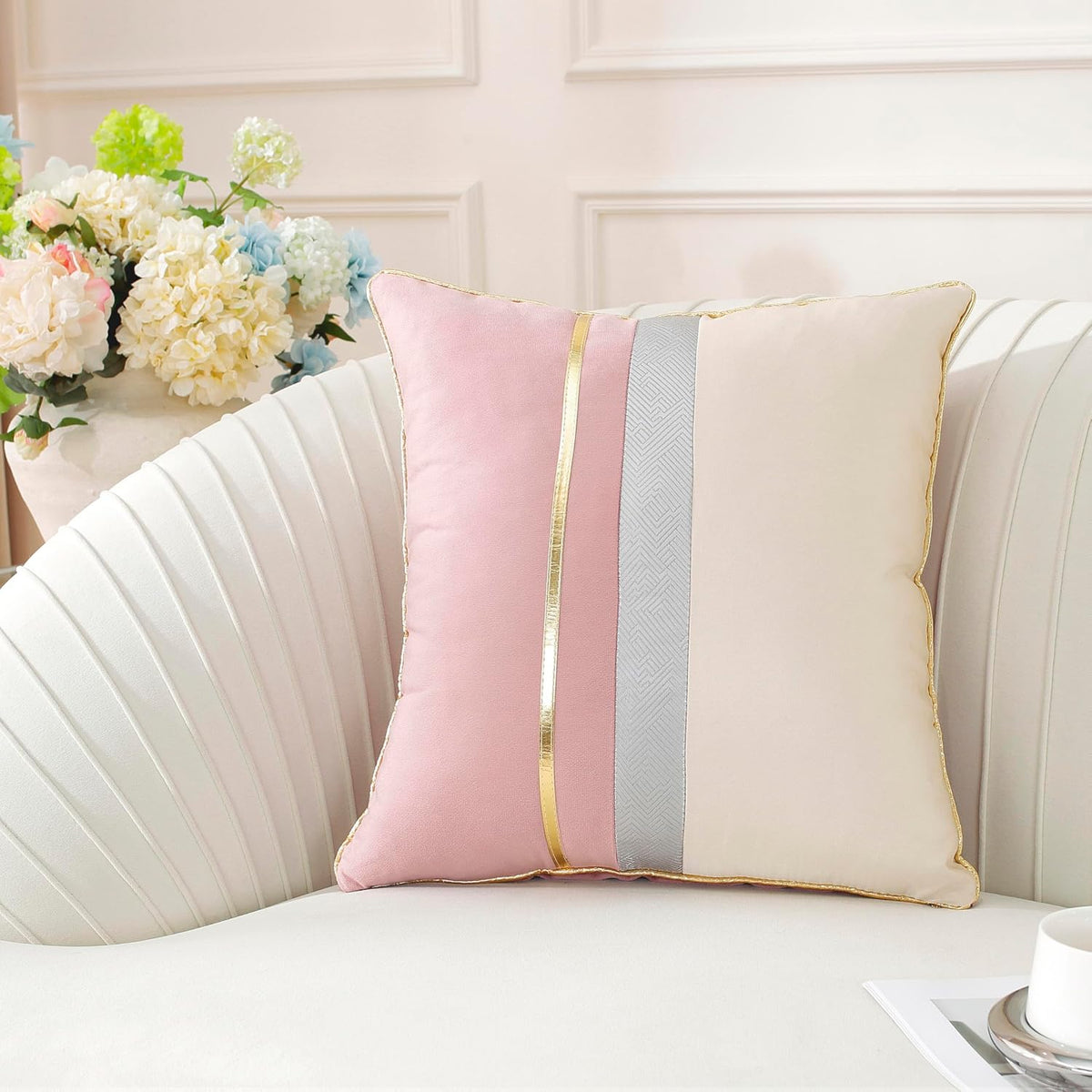 Pack of 2, Pink Beige Patchwork Velvet Throw Pillow Cover with Gold Striped Leather Cushion Case Modern Luxury Square Pillowcase for Sofa Couch Bedroom Living Room Home,18x18 inch