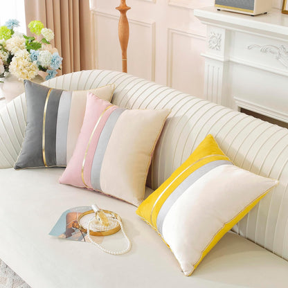 Pack of 2, Pink Beige Patchwork Velvet Throw Pillow Cover with Gold Striped Leather Cushion Case Modern Luxury Square Pillowcase for Sofa Couch Bedroom Living Room Home,18x18 inch