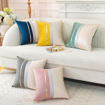 Pack of 2, Pink Beige Patchwork Velvet Throw Pillow Cover with Gold Striped Leather Cushion Case Modern Luxury Square Pillowcase for Sofa Couch Bedroom Living Room Home,18x18 inch