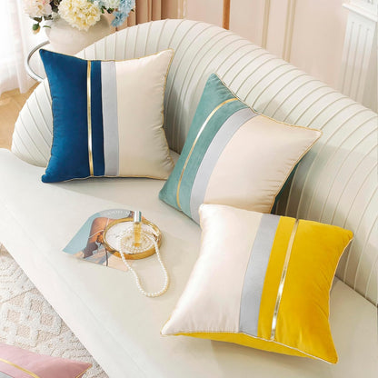 Pack of 2, Pink Beige Patchwork Velvet Throw Pillow Cover with Gold Striped Leather Cushion Case Modern Luxury Square Pillowcase for Sofa Couch Bedroom Living Room Home,18x18 inch