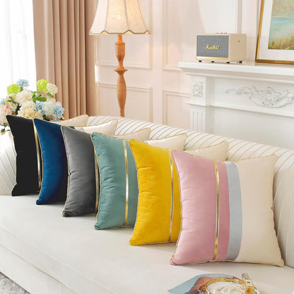 Pack of 2, Pink Beige Patchwork Velvet Throw Pillow Cover with Gold Striped Leather Cushion Case Modern Luxury Square Pillowcase for Sofa Couch Bedroom Living Room Home,18x18 inch
