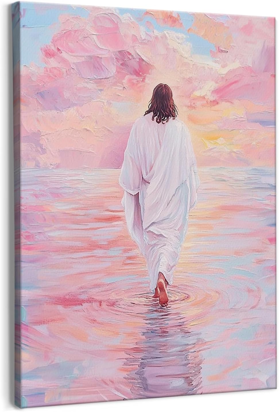 Qabliqo Jesus Walking on Water Framed Wall Art, Pink Pastel Christian Jesus Wall Decor, Christian Religious Canvas Poster Prints Pictures for Home Bedroom Living Room Church, 11x14 Inches
