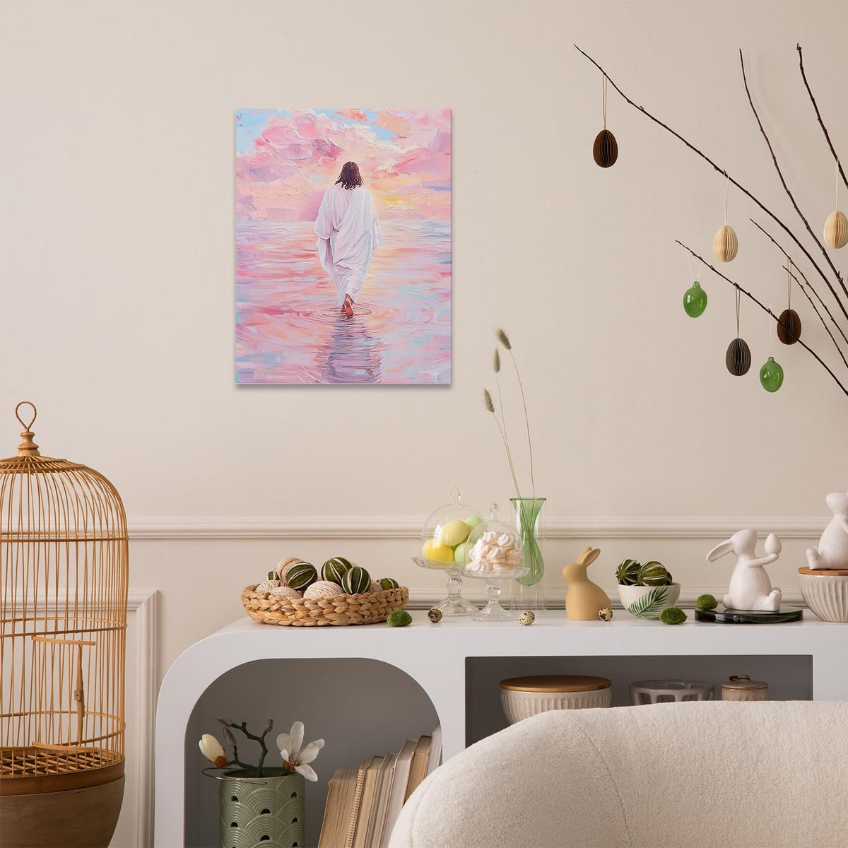 Qabliqo Jesus Walking on Water Framed Wall Art, Pink Pastel Christian Jesus Wall Decor, Christian Religious Canvas Poster Prints Pictures for Home Bedroom Living Room Church, 11x14 Inches