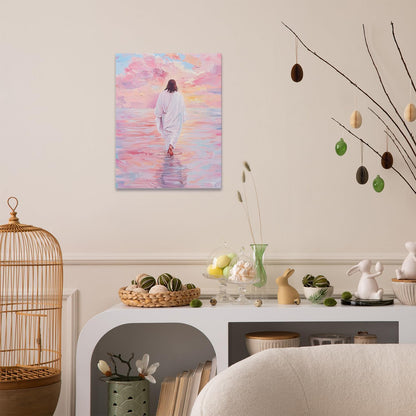 Qabliqo Jesus Walking on Water Framed Wall Art, Pink Pastel Christian Jesus Wall Decor, Christian Religious Canvas Poster Prints Pictures for Home Bedroom Living Room Church, 11x14 Inches
