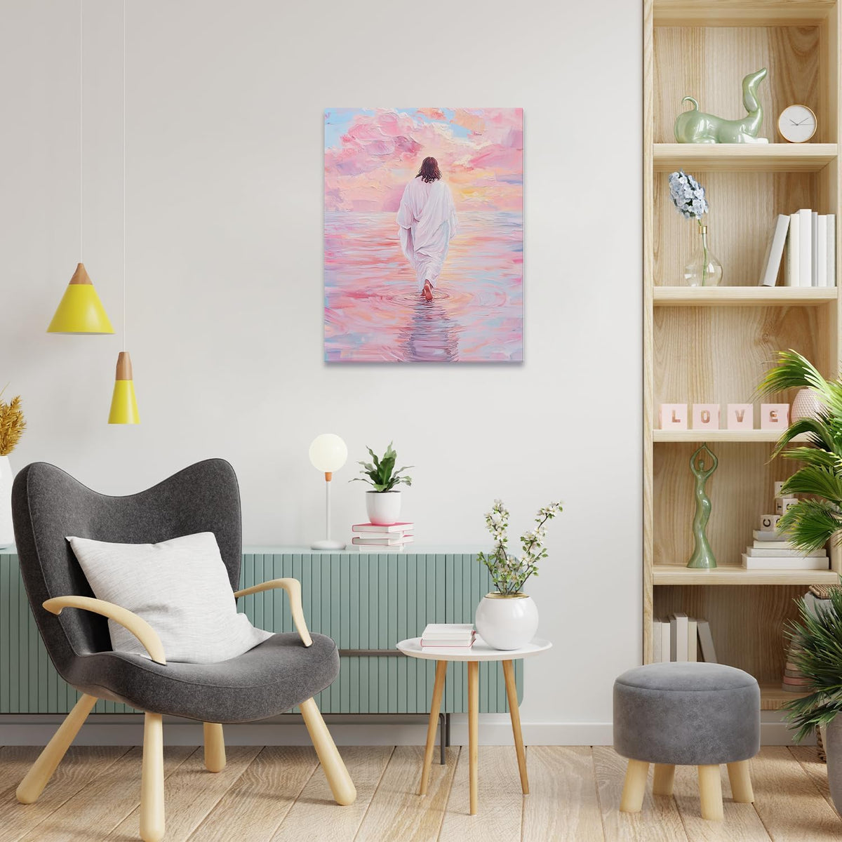 Qabliqo Jesus Walking on Water Framed Wall Art, Pink Pastel Christian Jesus Wall Decor, Christian Religious Canvas Poster Prints Pictures for Home Bedroom Living Room Church, 11x14 Inches