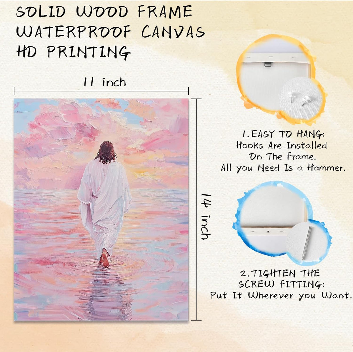 Qabliqo Jesus Walking on Water Framed Wall Art, Pink Pastel Christian Jesus Wall Decor, Christian Religious Canvas Poster Prints Pictures for Home Bedroom Living Room Church, 11x14 Inches