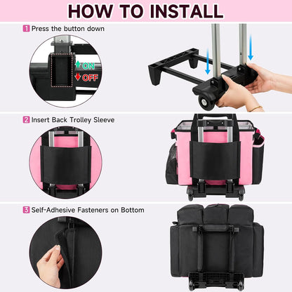 Large Rolling Cleaning Caddy Bag with Detachable Trolley,Cleaning Cart on Wheels with Shoulder Strap,Cleaning Supplies Organizer for Housekeepers,PInk